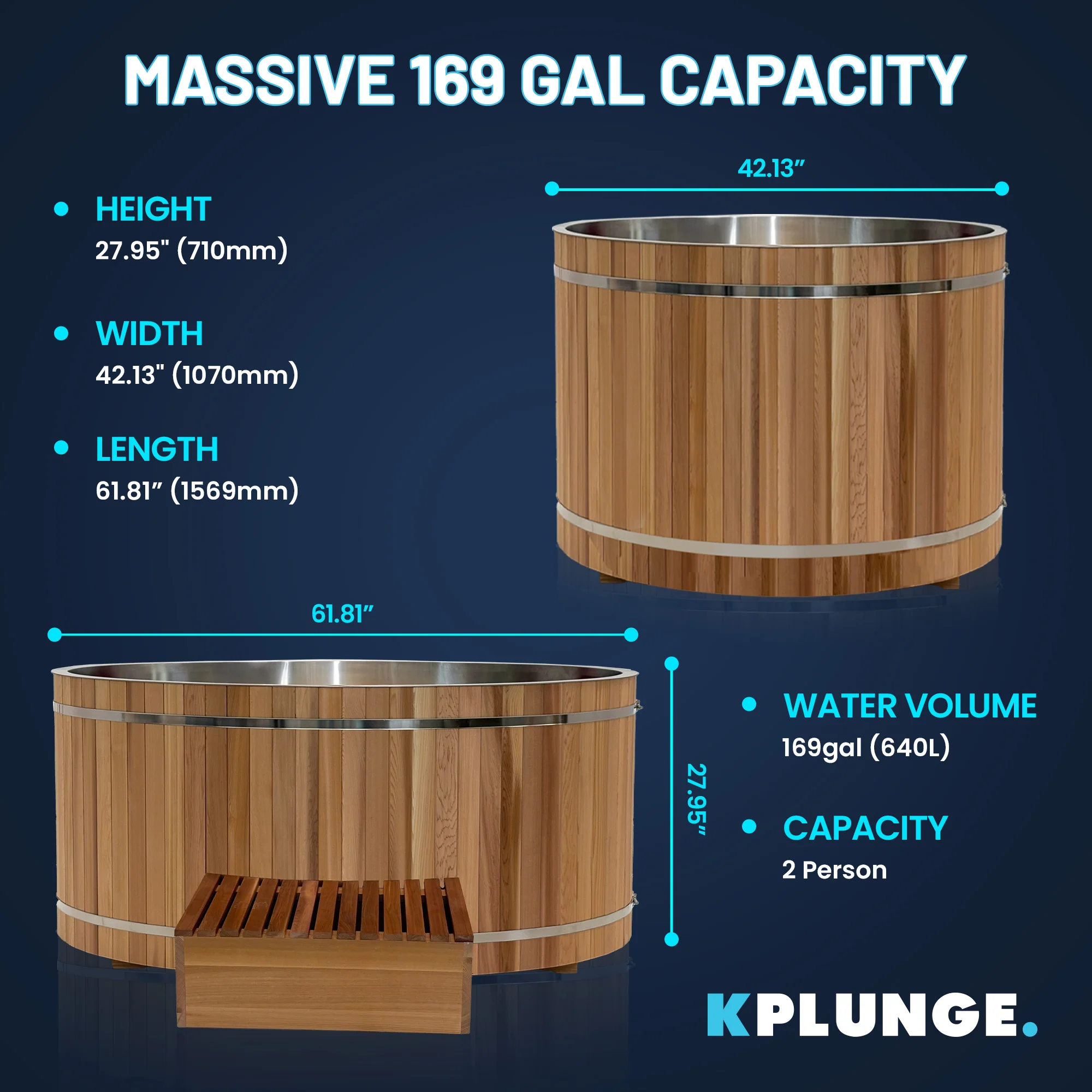 62 in. 2-Person 0-Jet Cedar Cold Plunge Ice Bath/Hot Tub with 24 in. Depth and 169 Gal. Capacity in Natural Finish - Image 7