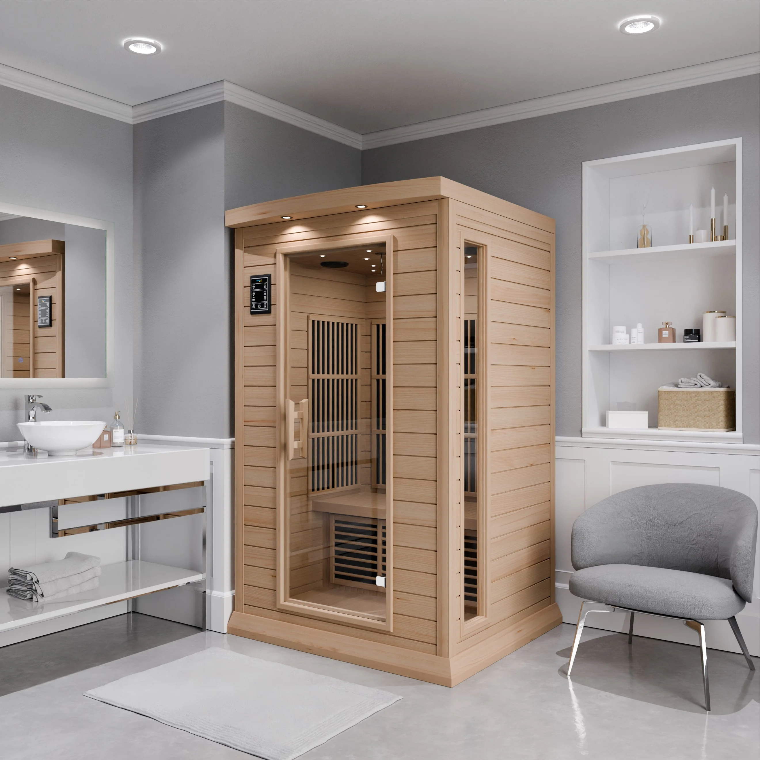 Seychelles 2-Person Carbon FAR Infrared Infrared Hemlock Wooden Indoor Home Sauna Room with LED Touch Control Panel - Image 4