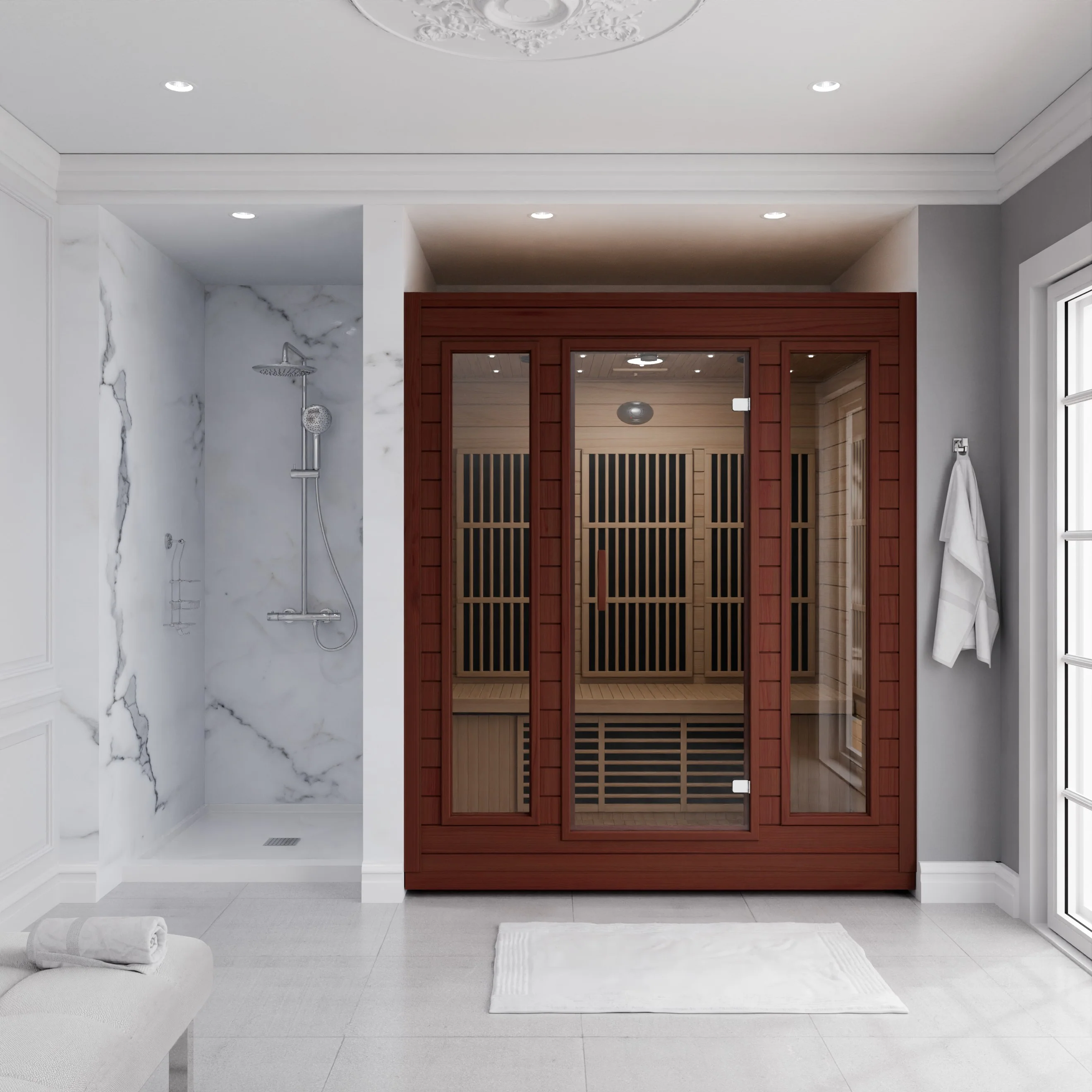 Curacao 3-Person Carbon FAR Infrared Hemlock Wooden Indoor Home Sauna Room with LED Touch Control Panel - Image 4