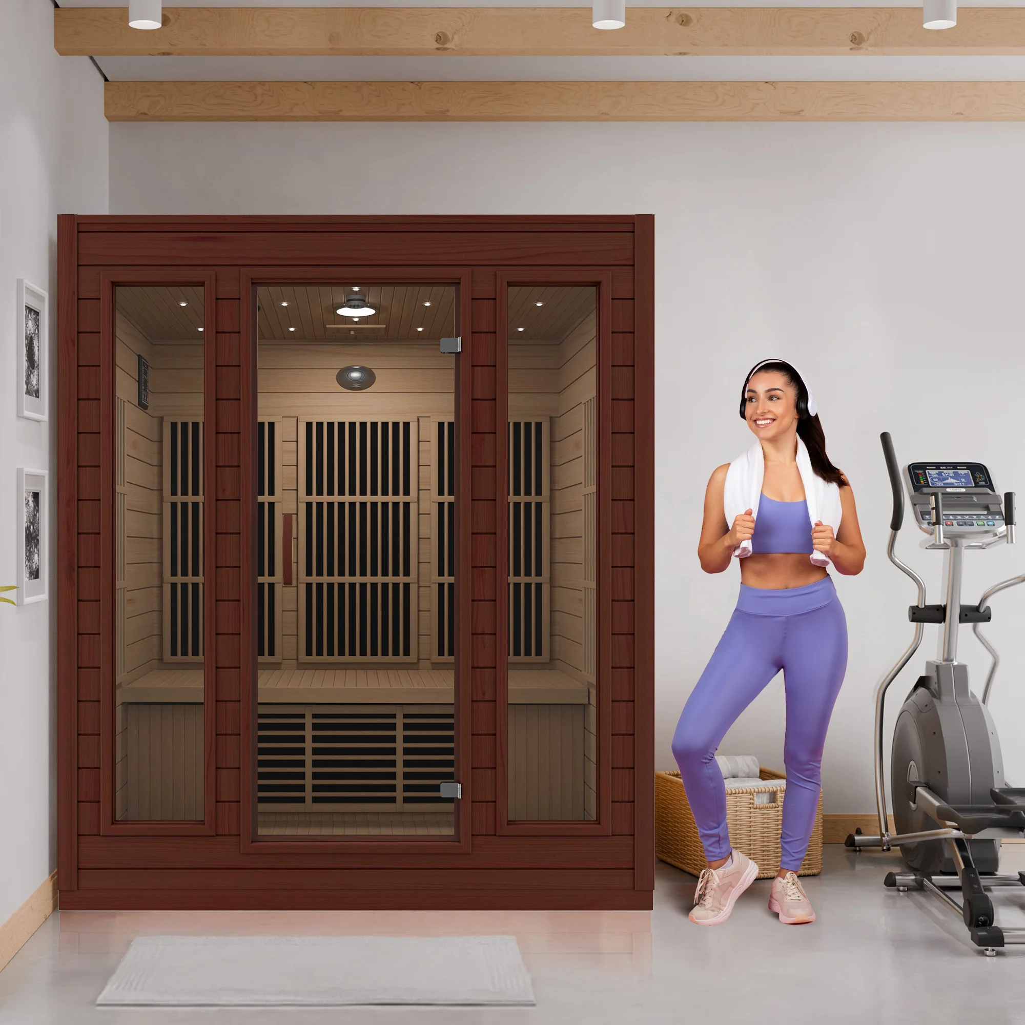 Curacao 3-Person Carbon FAR Infrared Hemlock Wooden Indoor Home Sauna Room with LED Touch Control Panel - Image 6