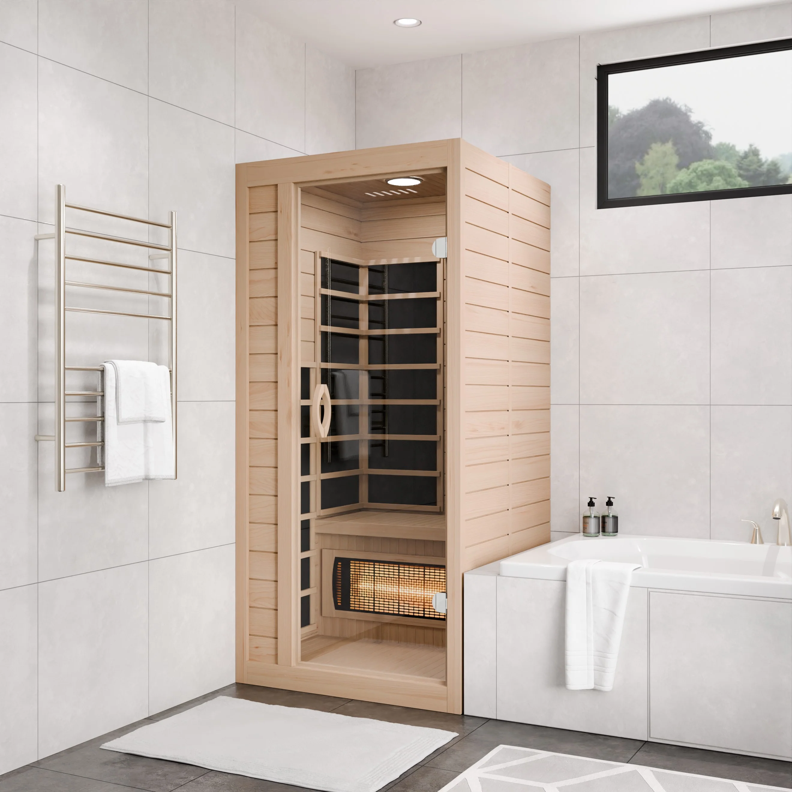 Lucia 1- Person Indoor Hemlock Wooden Carbon FAR Infrared Home Sauna Room with LED Touch Control Panel and Heater - Image 5
