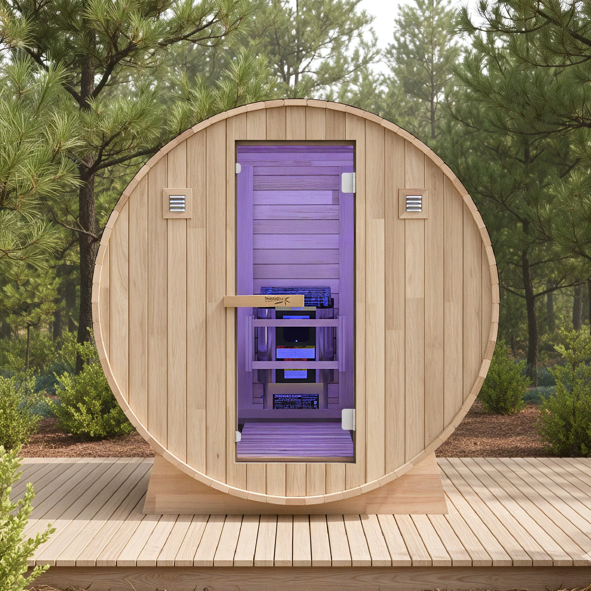 4-6-Person Outdoor Barrel Wet Sauna in White Cedar with ETL-Certified 6.2kW Sauna Rock Heater, and Bitumen Shingle Roof - Image 5