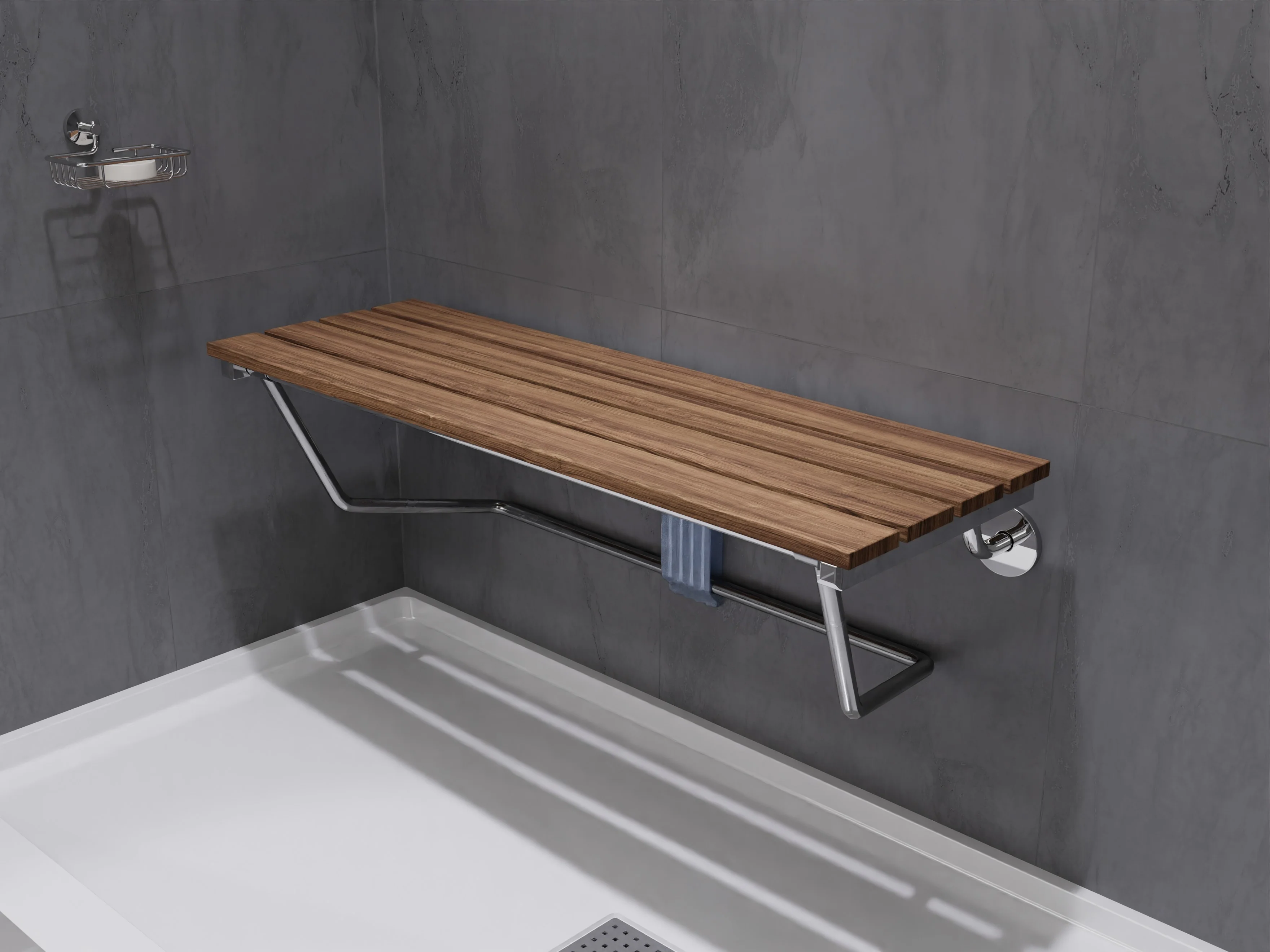 Two Person 35 in. Teak Wood Wall Mounted Folder Shower Seat in Chrome Trim - Image 2